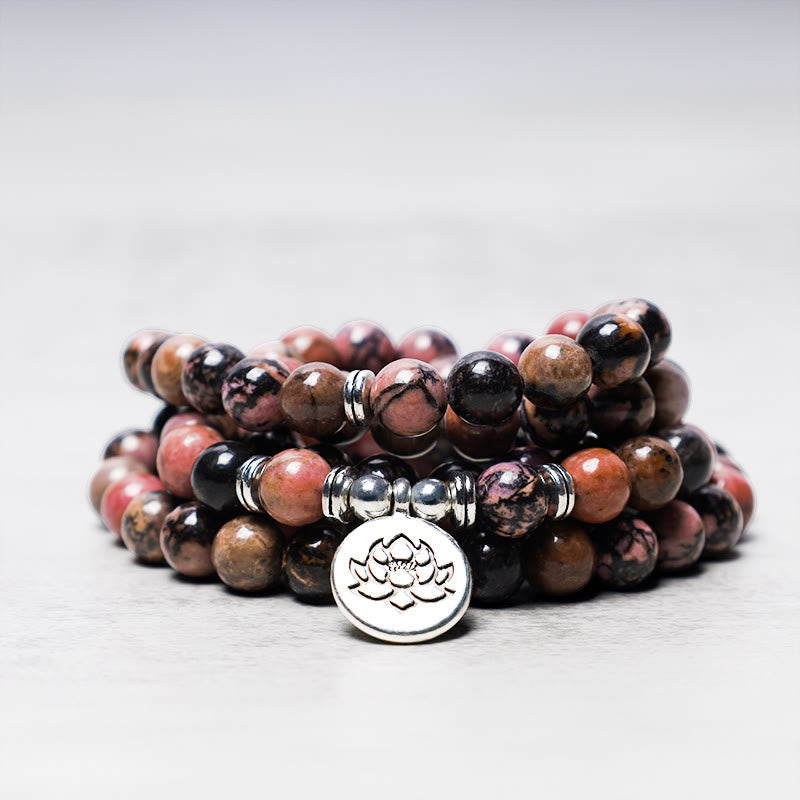 108 Mala Beads Rhodonite Lotus Compassion Energy Bracelet