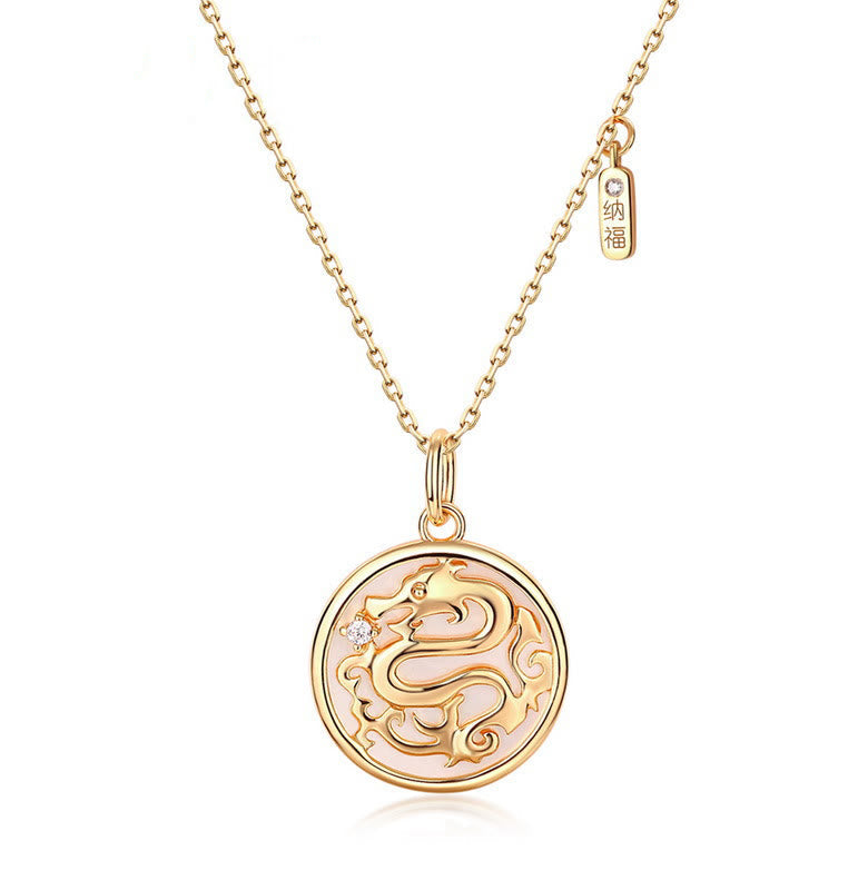 ❗❗❗A Flash Sale- 925 Sterling Silver Tridacna Stone Year of the Dragon Fu Character Luck Strength Necklace Pendant