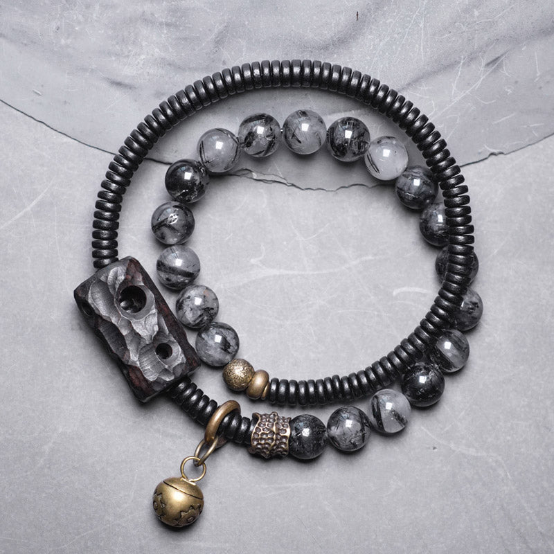 Black Rutilated Quartz Ebony Wood Copper Wisdom Couple Bracelet