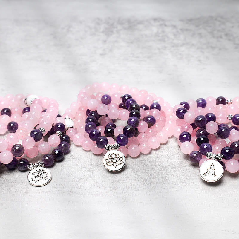 Natural Rose Quartz & Amethyst Om Mani Padme Hum Mala Bead Pendant Bracelet