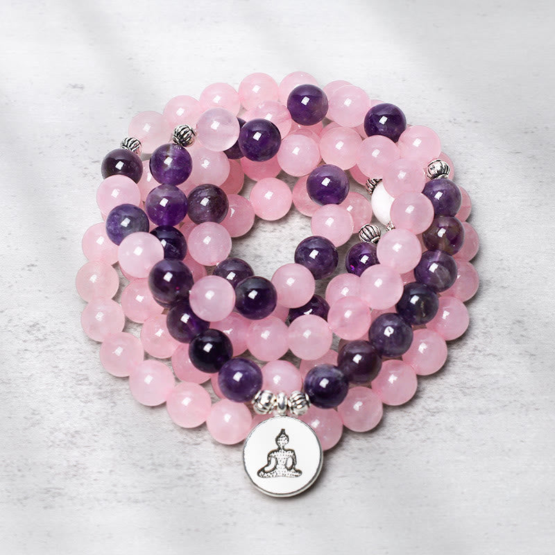 Natural Rose Quartz & Amethyst Om Mani Padme Hum Mala Bead Pendant Bracelet
