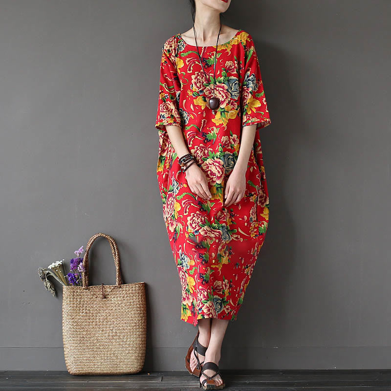 Red Peony Flowers Printed Midi Dress Half Sleeve Cotton Linen Dress
