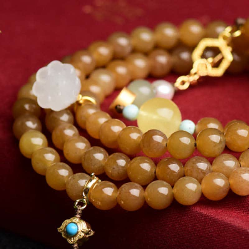 Natural Hetian & White Jade, Amber, Turquoise, Pearl & Topaz Lotus Beaded Bracelet