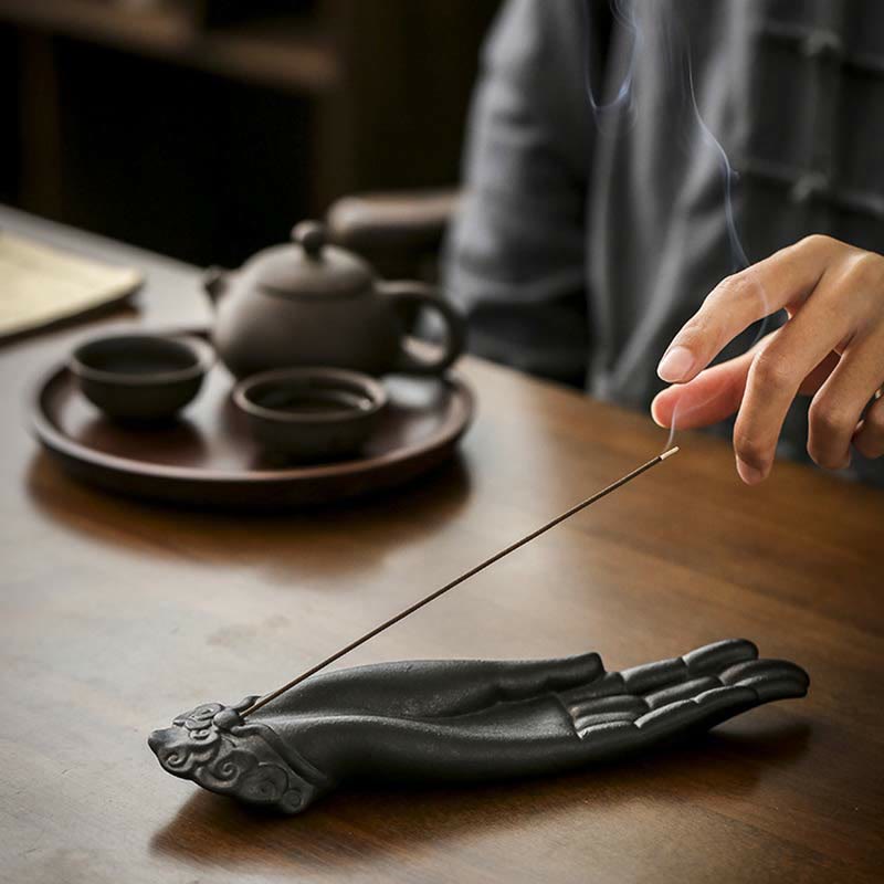 Hand-Finished Ceramic Mudra Hand and Auspicious Clouds Zen Incense Burner