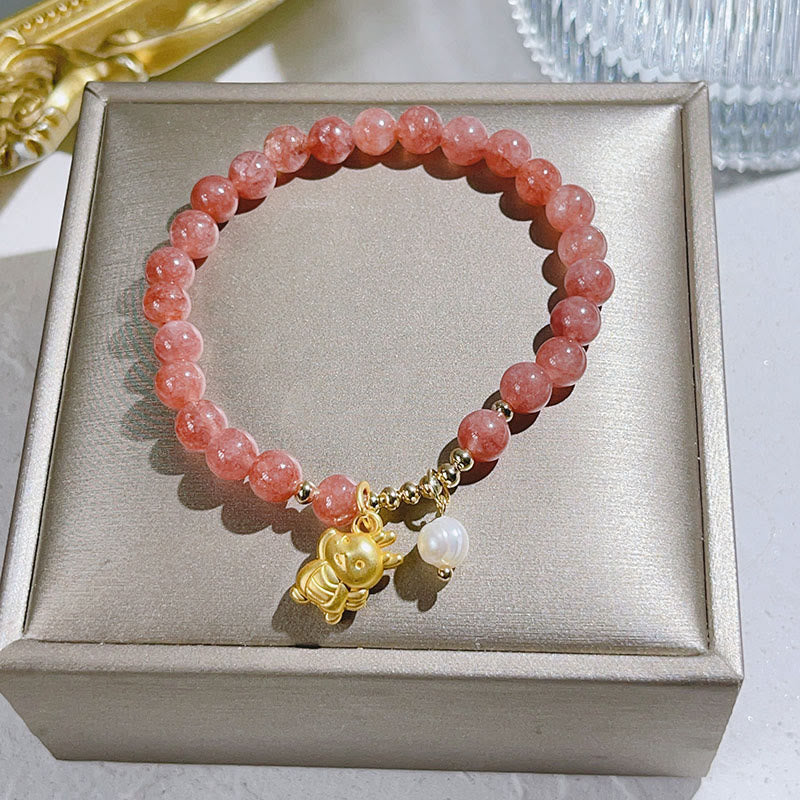 Year of the Dragon Strawberry Quartz Dragon Pearl Charm Protection Bracelet