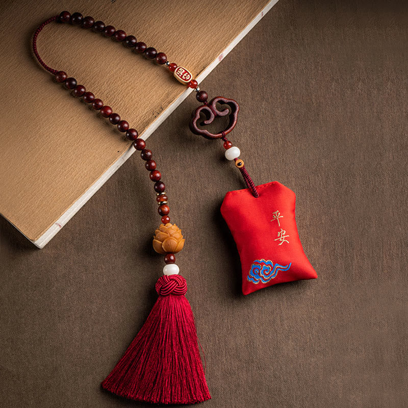 Tibetan Small Leaf Red Sandalwood Lotus Cinnabar Sachet Protection Tassel Car Hanging Decoration