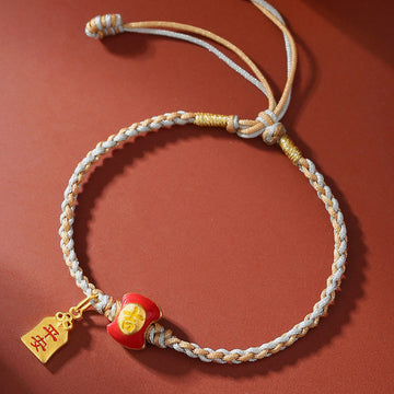 Handmade 925 Sterling Silver Blessing Character Braided Red String Bracelet