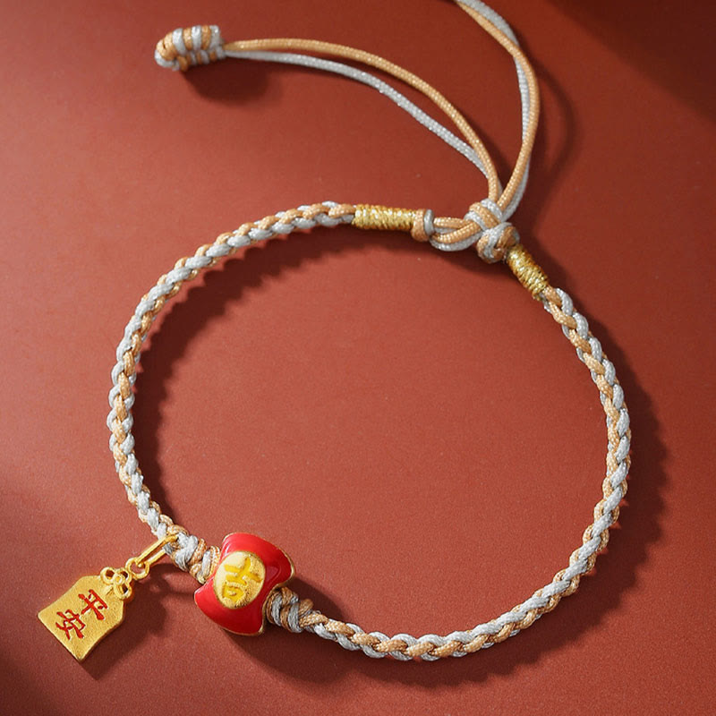 Handmade 925 Sterling Silver Blessing Character Braided Red String Bracelet