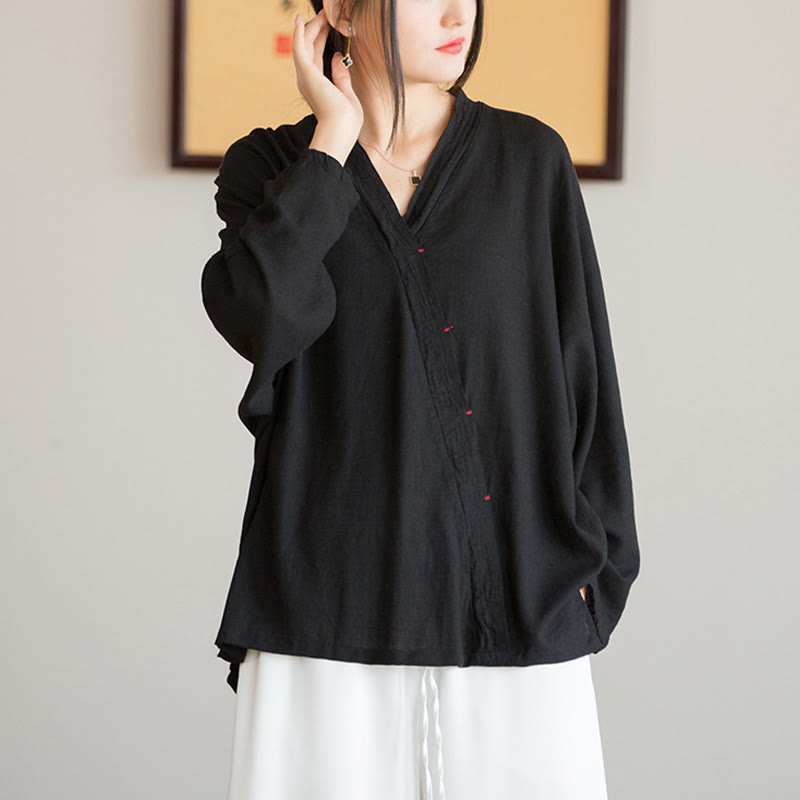 V-Neck Blouse Women Shirt Long Sleeve Top Chinese Hanfu Style Clothing