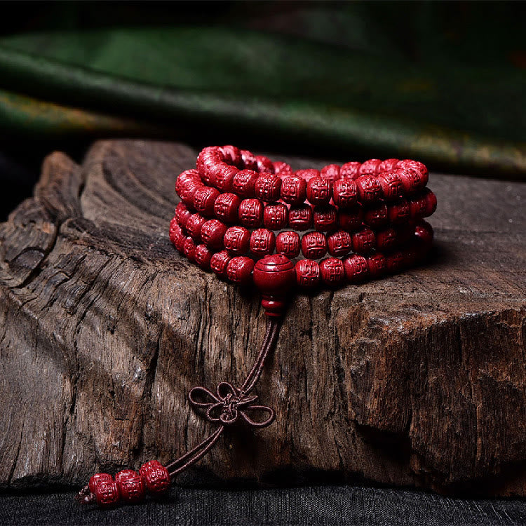 108 Mala Beads Cinnabar Om Mani Padme Hum Pattern Engraved Blessing Bracelet
