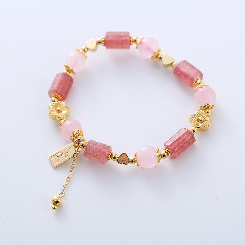 Strawberry Quartz and Pink Crystal Heart Flower Energy Bracelet for Women