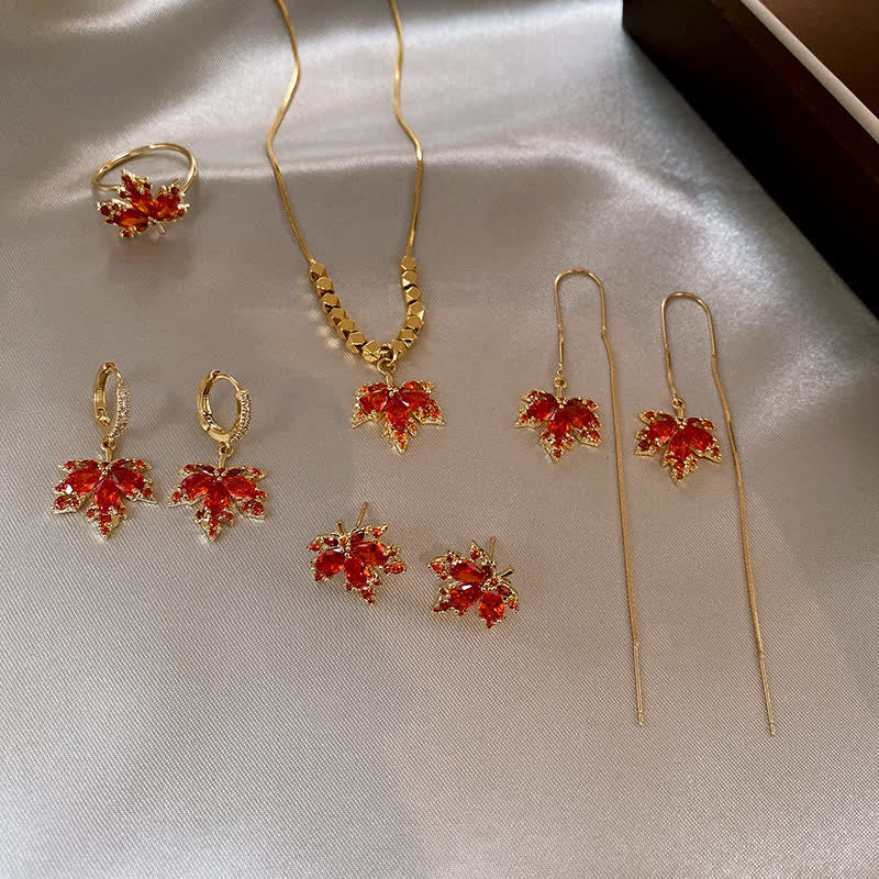 Maple Leaf Zircon Luck Necklace Pendant Ring Earrings