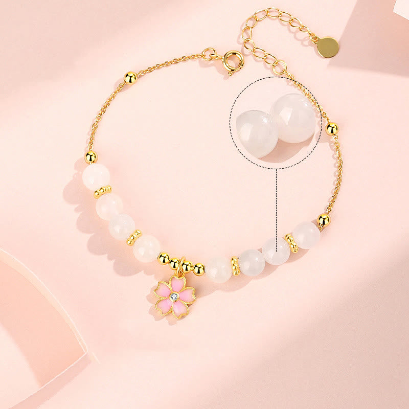 925 Sterling Silver Hetian White Jade Cherry Blossom Zircon Chain Bracelet