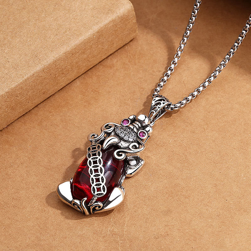 PiXiu Garnet Copper Coin Wealth Luck Necklace Pendant