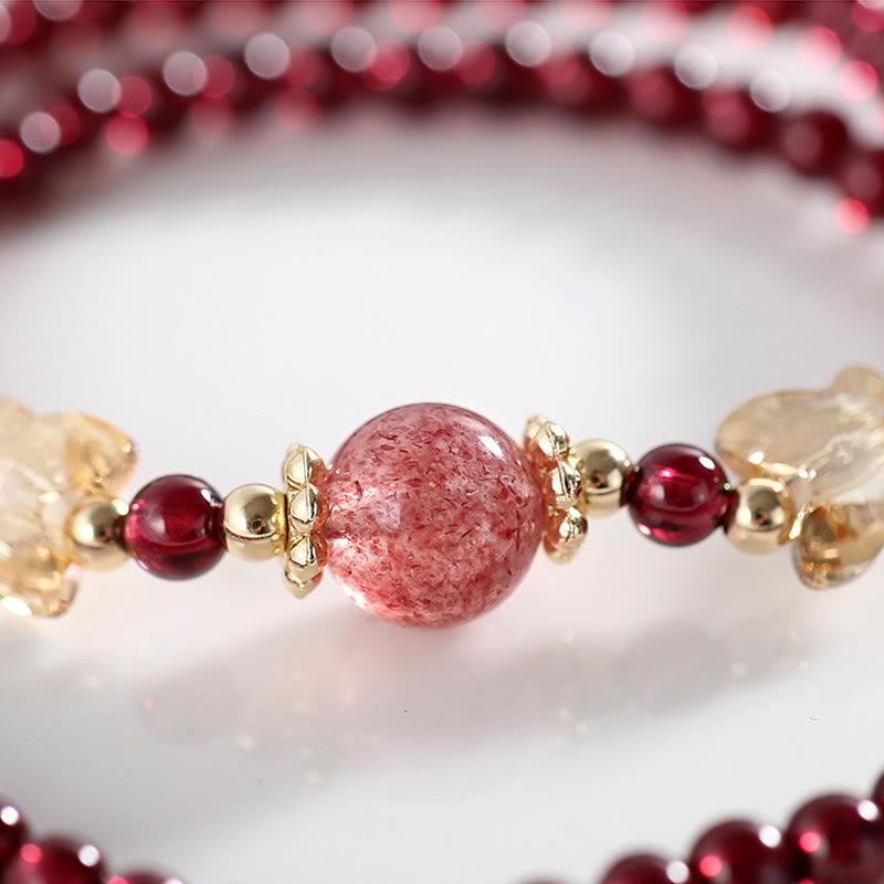 14K Gold Plated Natural Garnet Strawberry Quartz Butterfly Protection Double Wrap Bracelet