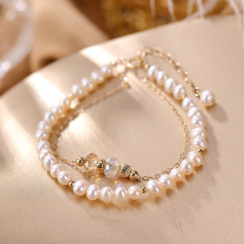 925 Sterling Silver Plated 14k Gold Natural Pearl Crystal Healing Double Layer Bracelet