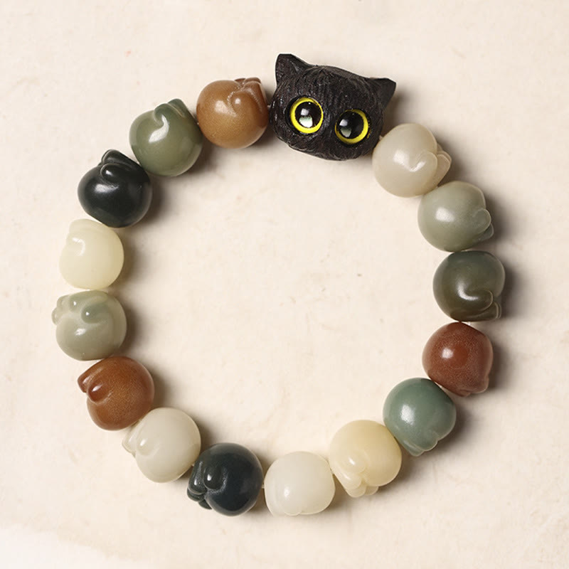 Natural Bodhi Seed Lovely Paw Ebony Wood Lucky Cat Wisdom Bracelet