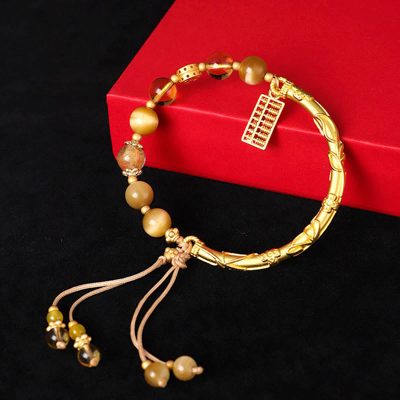 Adjustable Tiger Eye Citrine Clear Quartz Copper Abacus Charm Beaded Bracelet