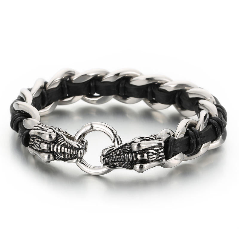 Masculine Dragon Braided Leather and Titanium Steel Bracelet