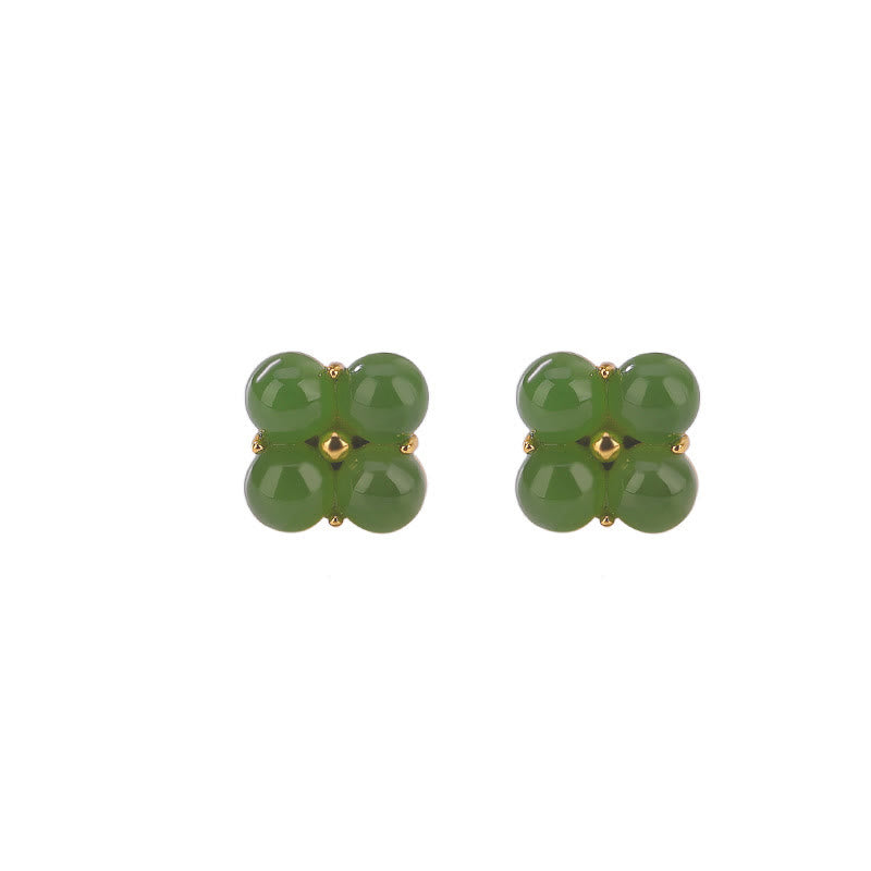 Handcrafted Natural Cyan Jade and Gold Plated 925 Sterling Silver Clover Stud Earrings