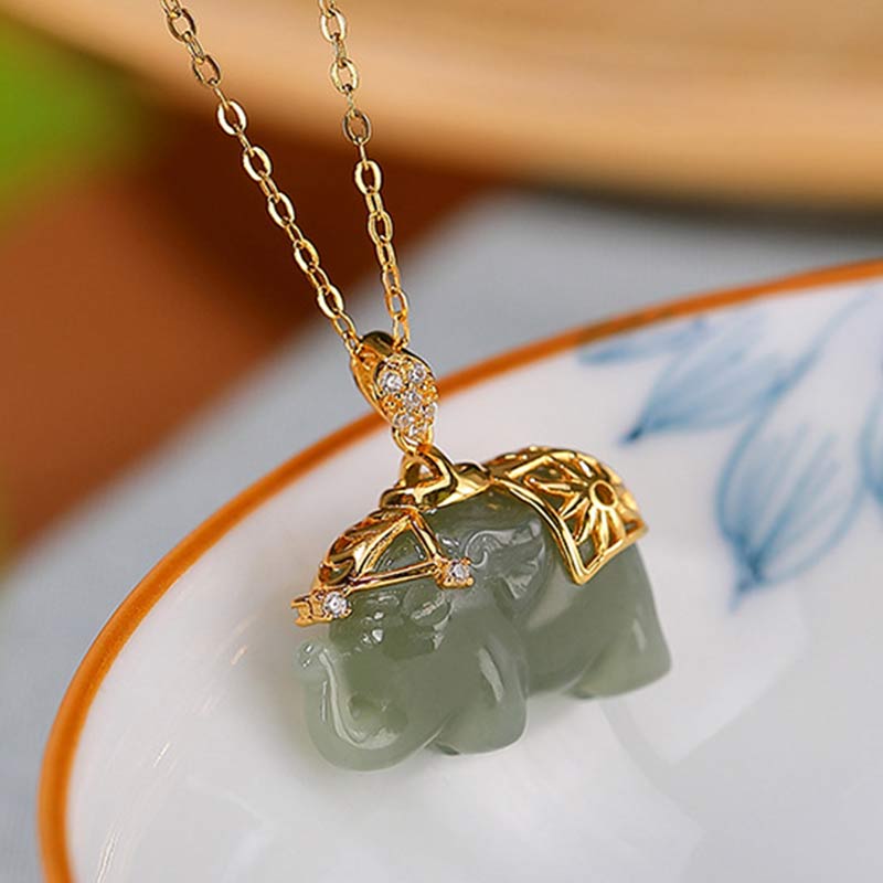 Gold Plated 925 Sterling Silver Jade Elephant Pendant Unisex Necklace