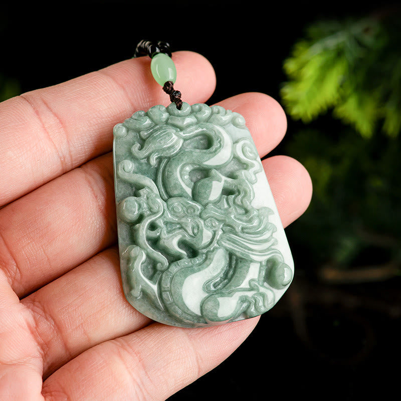 Year Of The Dragon Chinese Zodiac Dragon Soaring Jade Protection Bead Chain Necklace Pendant