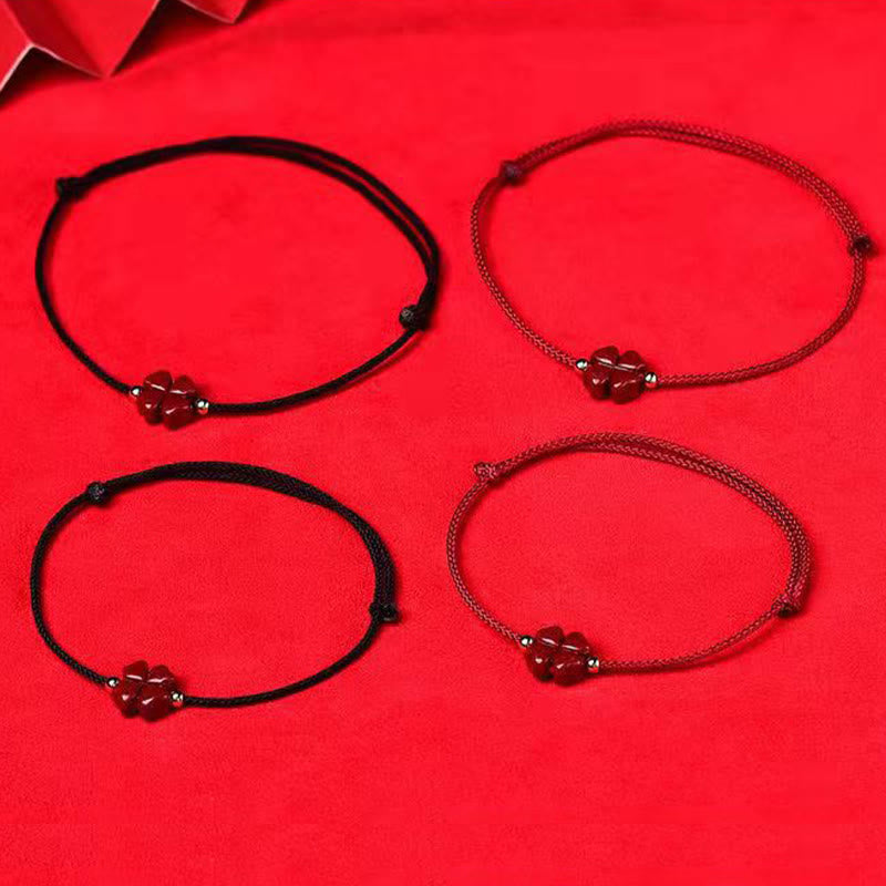 Handmade Cinnabar Four Leaf Clover Charm Red String Bracelet Anklet