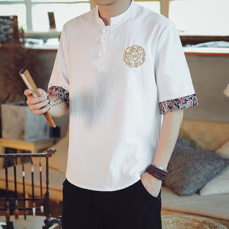 Frog-Button Dragon Embroidery Chinese Tang Suit Short Sleeve Shirt Linen Men Clothing