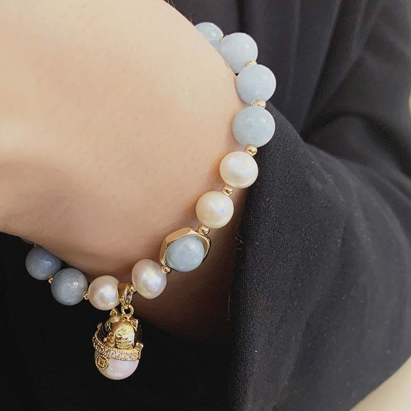 Aquamarine and Pearl Lucky Cat Charm 8mm Beaded Elastic Bracelet