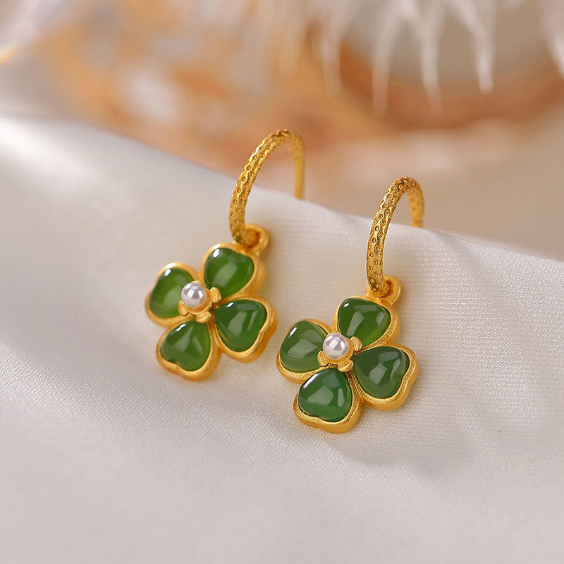 Natural Jade and 925 Sterling Silver Four-Leaf Clover Stud Earrings