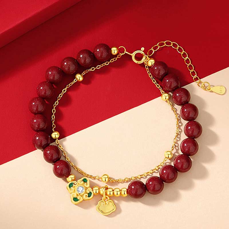 Natural Cinnabar & 925 Sterling Silver Four-Leaf Clover Longevity Lock Chain Bracelet