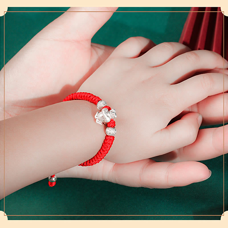 Handcrafted 999 Sterling Silver Chinese Zodiac Vajra Knot Red String Kids Bracelet