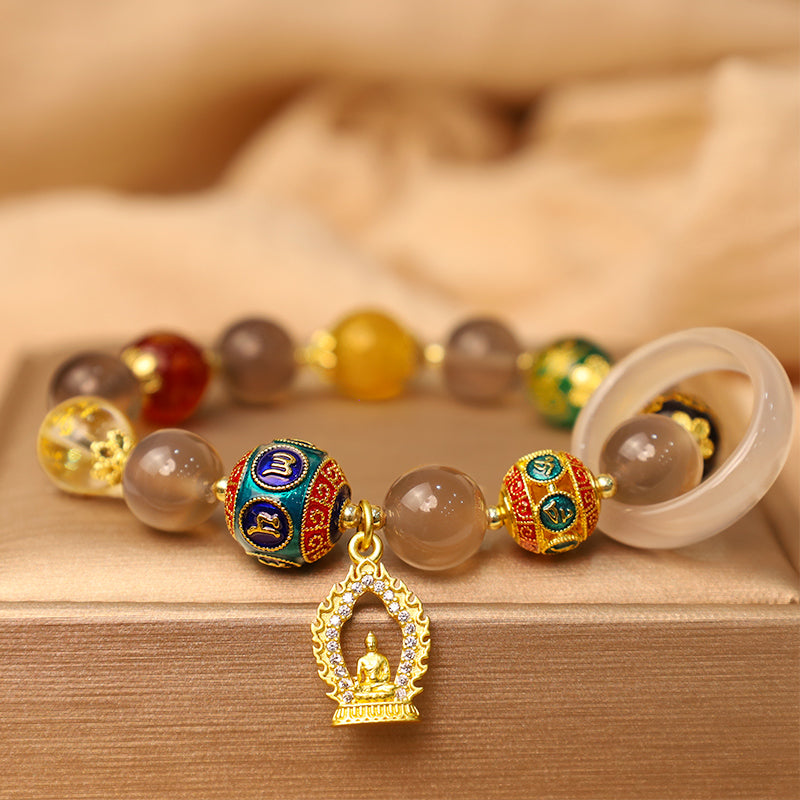 Natural Gray Agate Five Directions Gods of Wealth Om Mani Padme Hum Buddha Charm Bracelet
