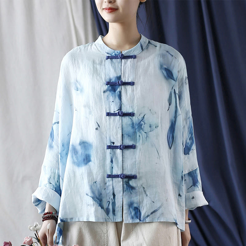 Tie Dye Blue Flowers Frog-Button Design Long Sleeve Ramie Linen Jacket Shirt