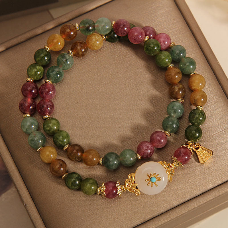 Natural Multicolored Tourmaline Positive Jade Flower Double Wrap Bracelet