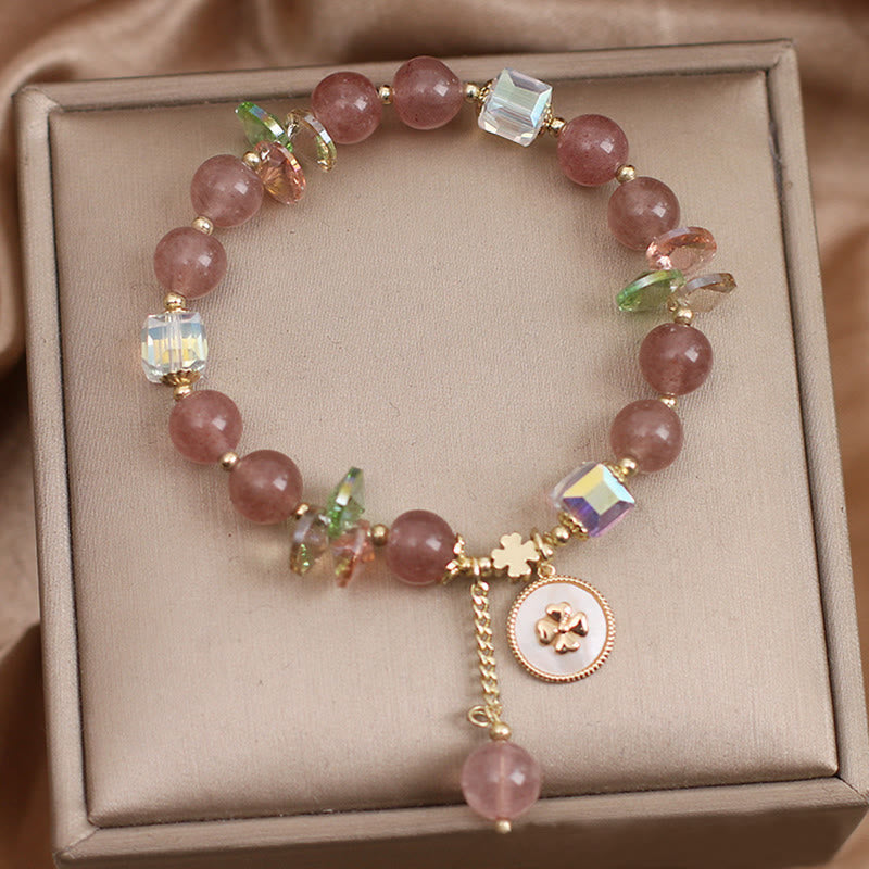 Strawberry Quartz Lucky Four Leaf Clover Healing Charm Bracelet