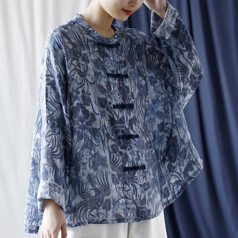 Ramie Linen Floral Stand Collar Meditation Jacket Shirt