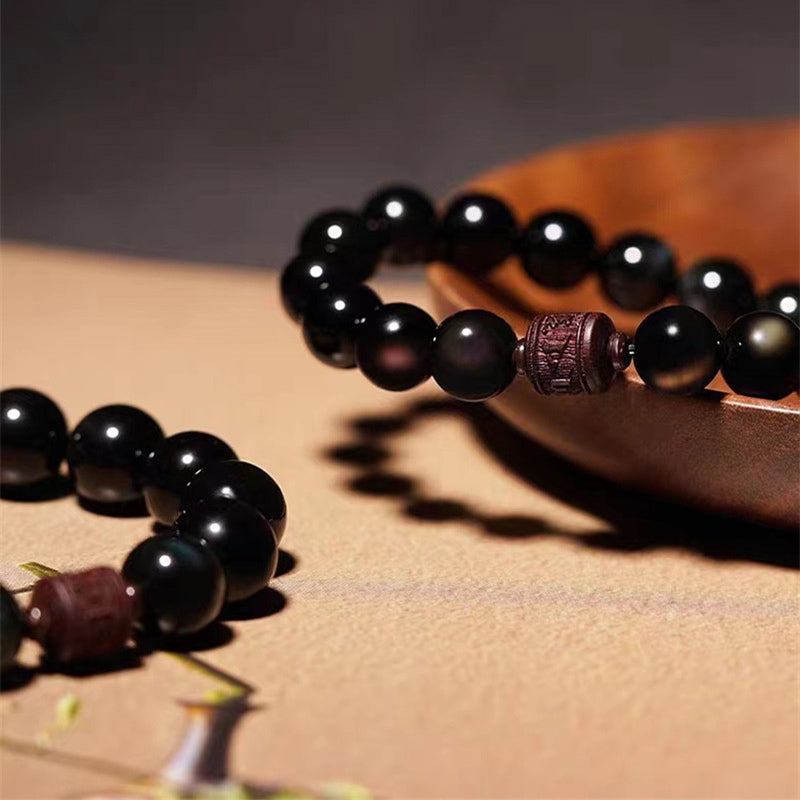 Natural Gold Sheen Obsidian Rainbow Obsidian Om Mani Padme Hum Fu Character Healing Bracelet