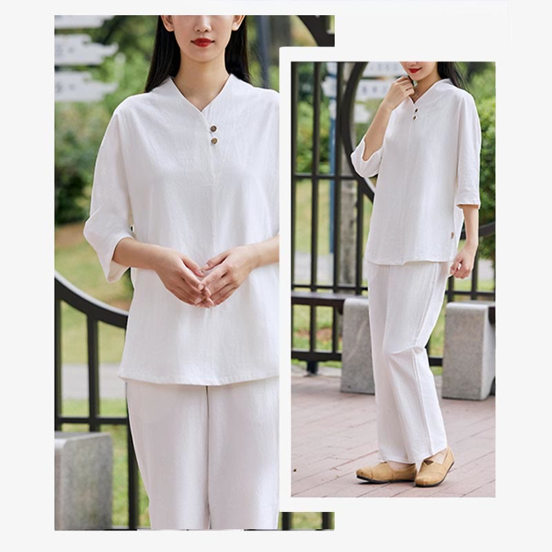 2Pcs Shirt Top Pants Meditation Zen Tai Chi Cotton Linen Clothing Women's Set
