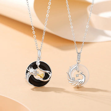 925 Sterling Silver Year of the Dragon Natural Black Onyx Chalcedony Dragon Phoenix Peace Buckle Protection Necklace Pendant