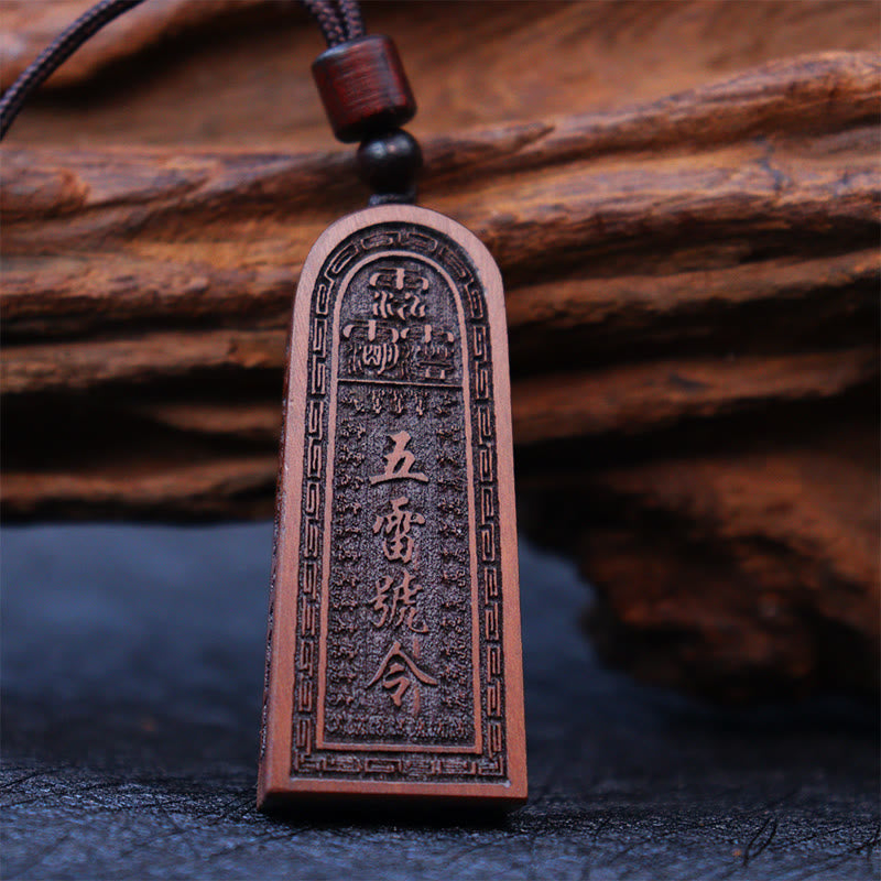 Lightning Struck Jujube Wood Taoist Five Thunder Order Luck Protection Necklace Pendant