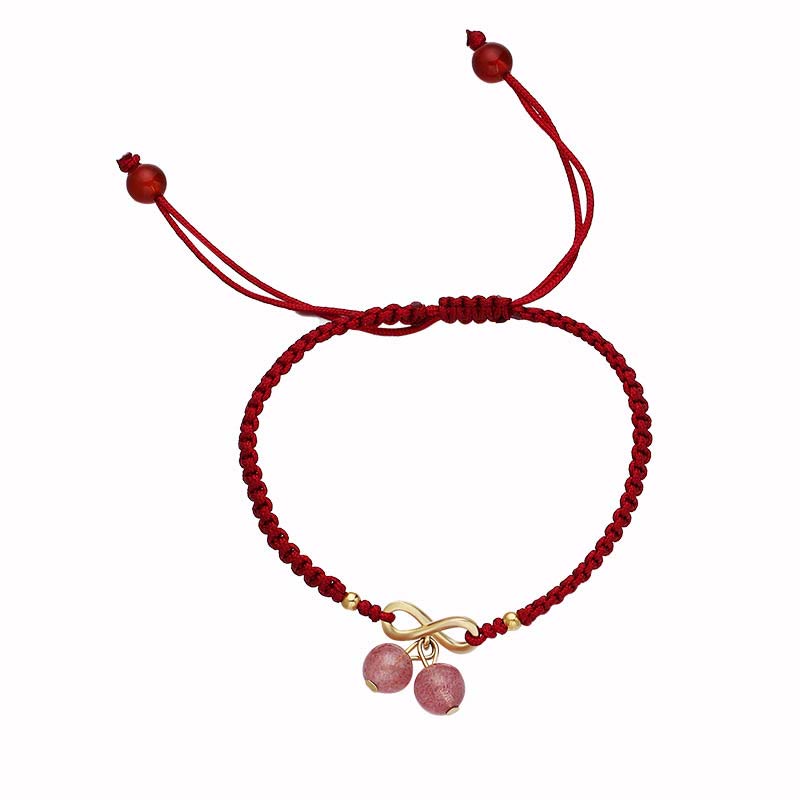 Adjustable Strawberry Quartz Crystal, Copper & Endless Knot Red String Woven Bracelet