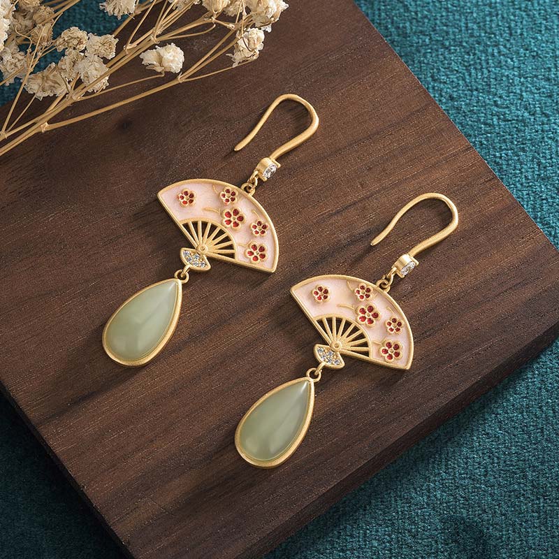Natural Green Aventurine Fan Pattern Luck Drop Earrings