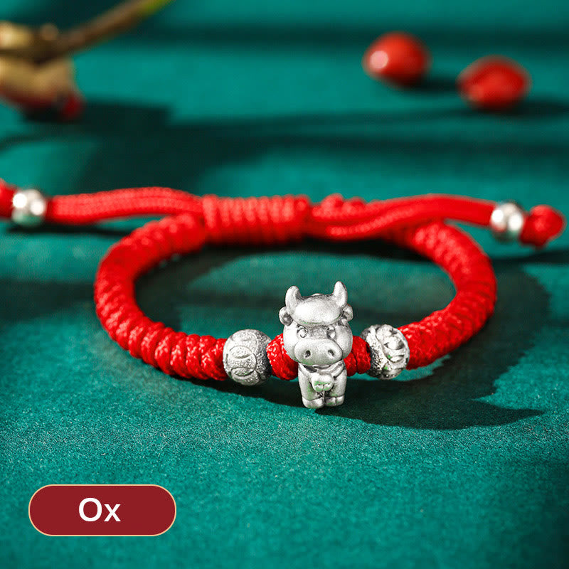 Handcrafted 999 Sterling Silver Chinese Zodiac Vajra Knot Red String Kids Bracelet