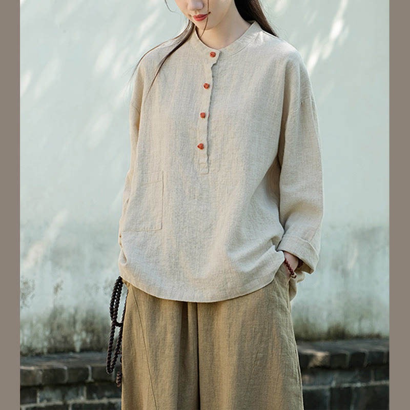 Solid Color Loose Button Blouse Long Sleeve Shirt Top