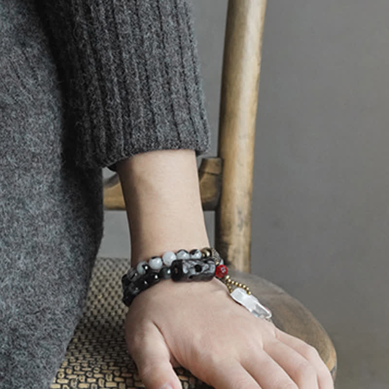Black Rutilated Quartz, Ebony Wood, Obsidian & Clear Quartz Copper Couple Bracelet