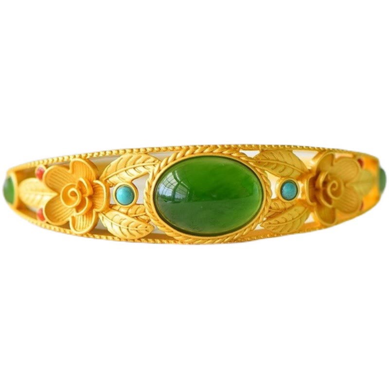 Cyan Jade White Jade Flower Leaf Harmony Luck Bracelet Bangle