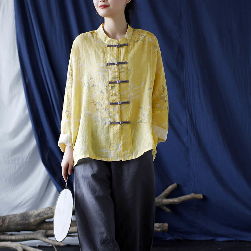 Yellow Phoenix Print Frog-button Design Long Sleeve Ramie Linen Jacket Shirt