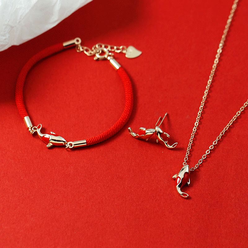Copper Koi Fish Wealth Necklace Pendant Red Rope Bracelet Earrings Set