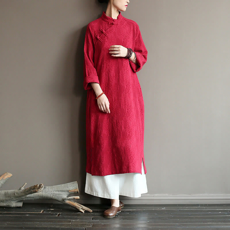 Flower Jacquard Midi Dress Long Sleeve Cotton Linen Dress Wide Leg Pants With Pockets